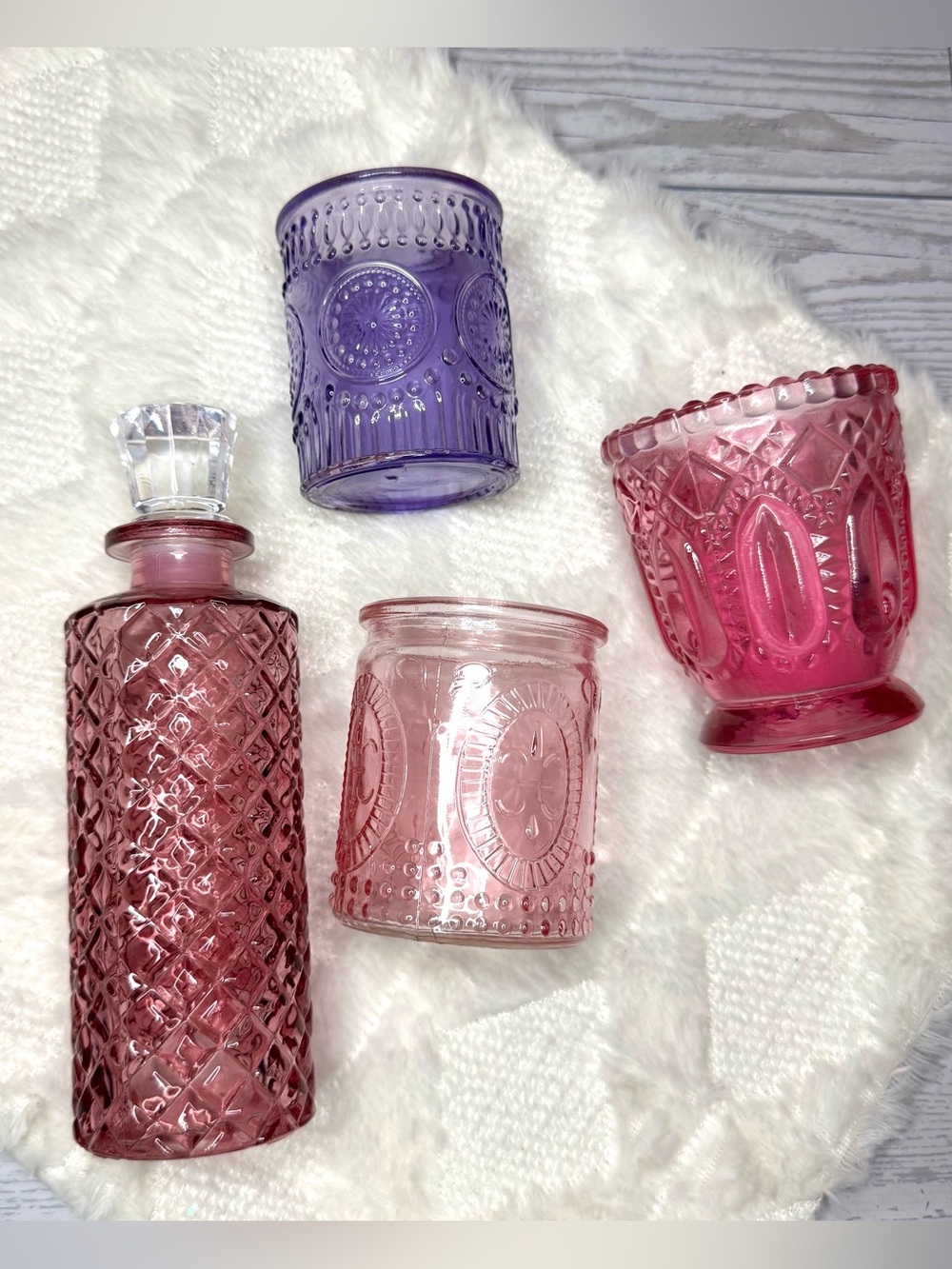 Vintage Style Colored Glass Decor Decanter Vases Purple Pink Fleur De Lis 4pc
